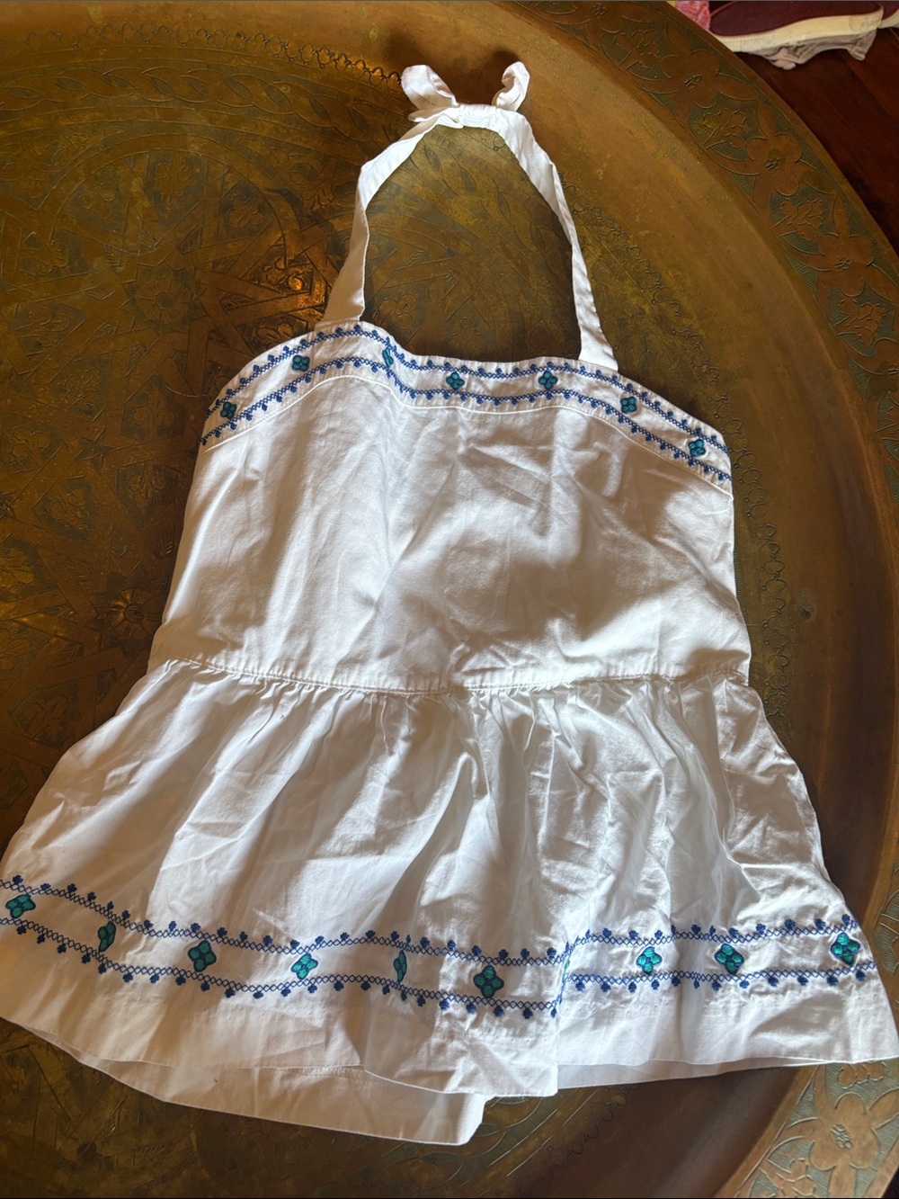 Janie and Jack White Halter Dress with Blue and Teal Embroidery